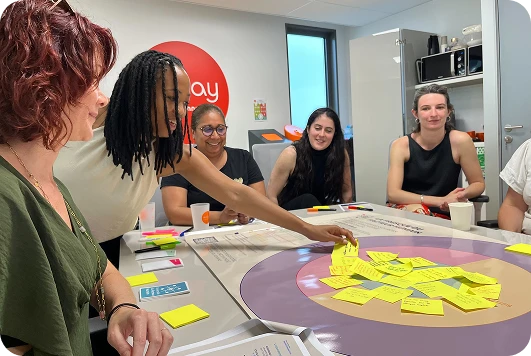 photo de plusieurs femmes assises autour d'une table. L'une d'elles est debout et attrappe un post-it parmi un tas posé au milieu de la table.